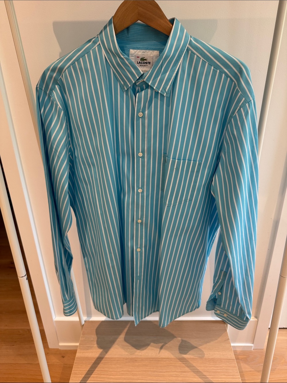 Lacoste Men’s Turquoise and White Striped Button-Down Shirt